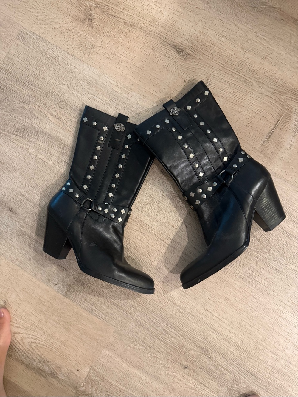 Harley Davison, black studded boots